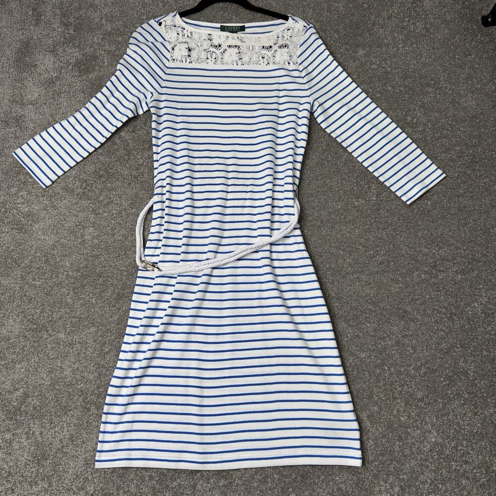 RALPH LAUREN White Blue Stiped Cotton Knit‎ Belted Lace Yoke Dress L